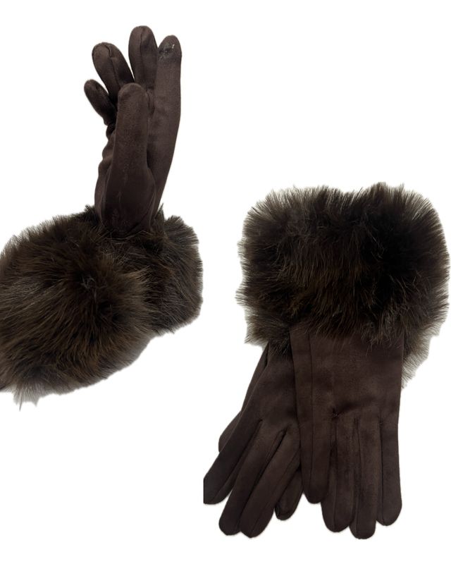 Faux Fur Trimmed Gloves - Chocolate