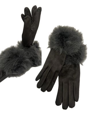 Faux Fur Trimmed Gloves - Grey