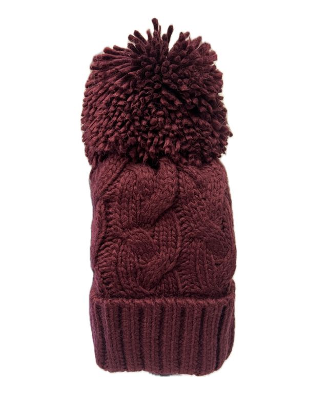 Cable Knit Bobble Hat - Wine