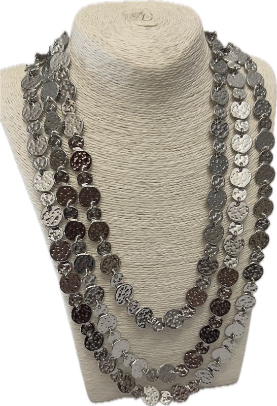 Hammered Disc Triple Necklace - Silver