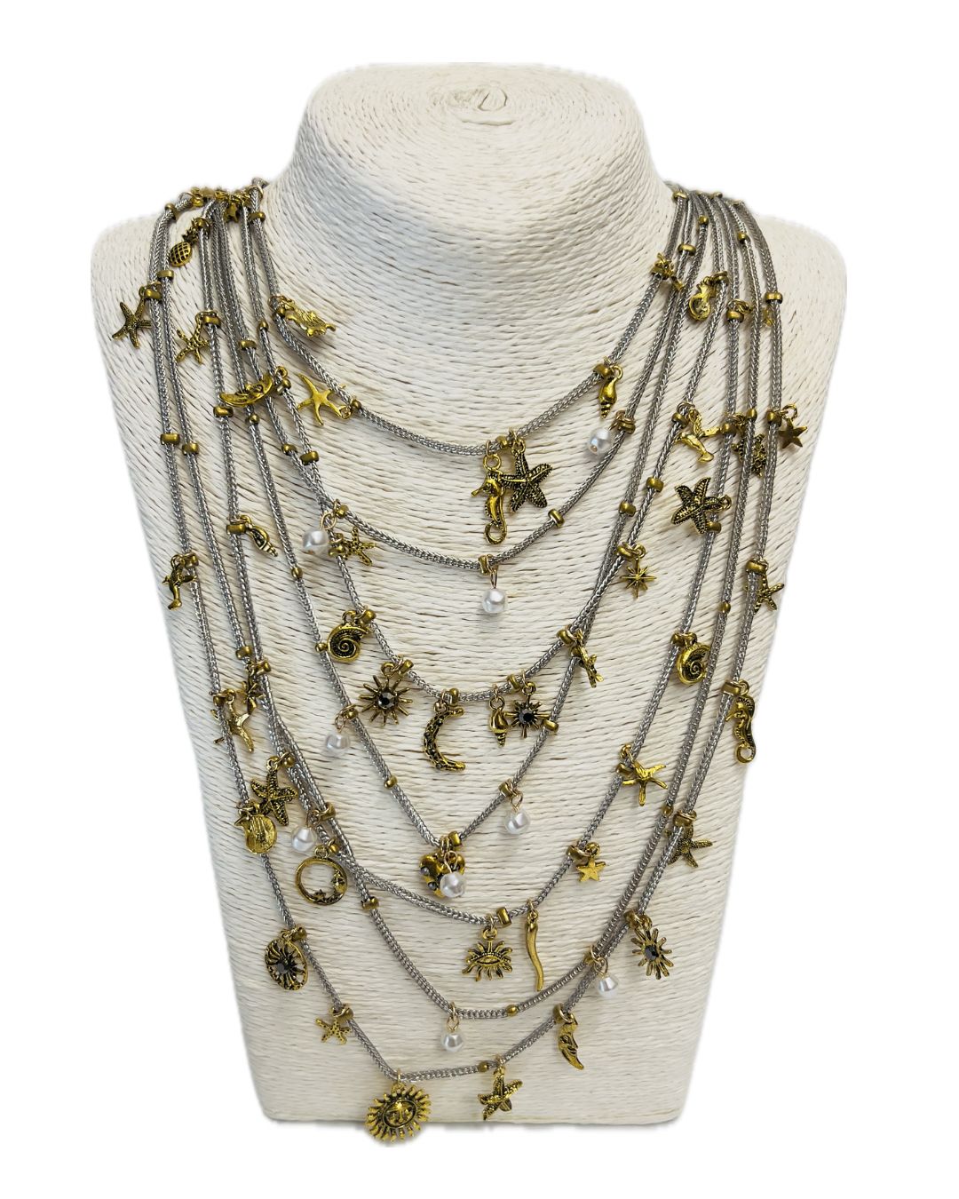 Multi Strand Necklace With Tiny Gold Charms Multi Strand Necklace With Tiny Gold Charms