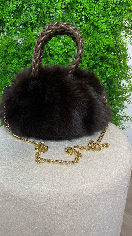 Faux Fur Bag With Woven Handle - Chocolate