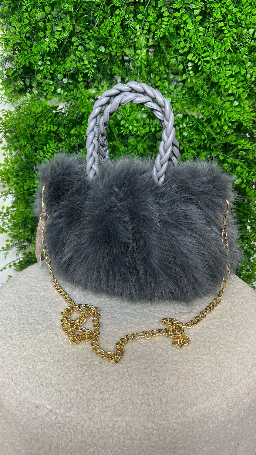 Faux Fur Bag With Woven Handle - Grey