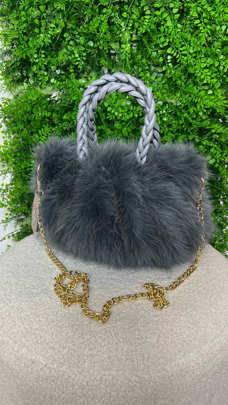 Faux Fur Bag With Woven Handle - Grey