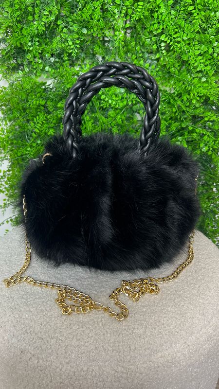 Faux Fur Bag With Woven Handle - Black