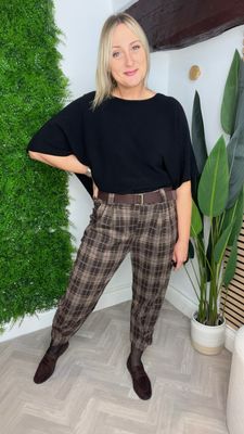 Tartan Carrot Shaped Trouser With Button Hem - Brown