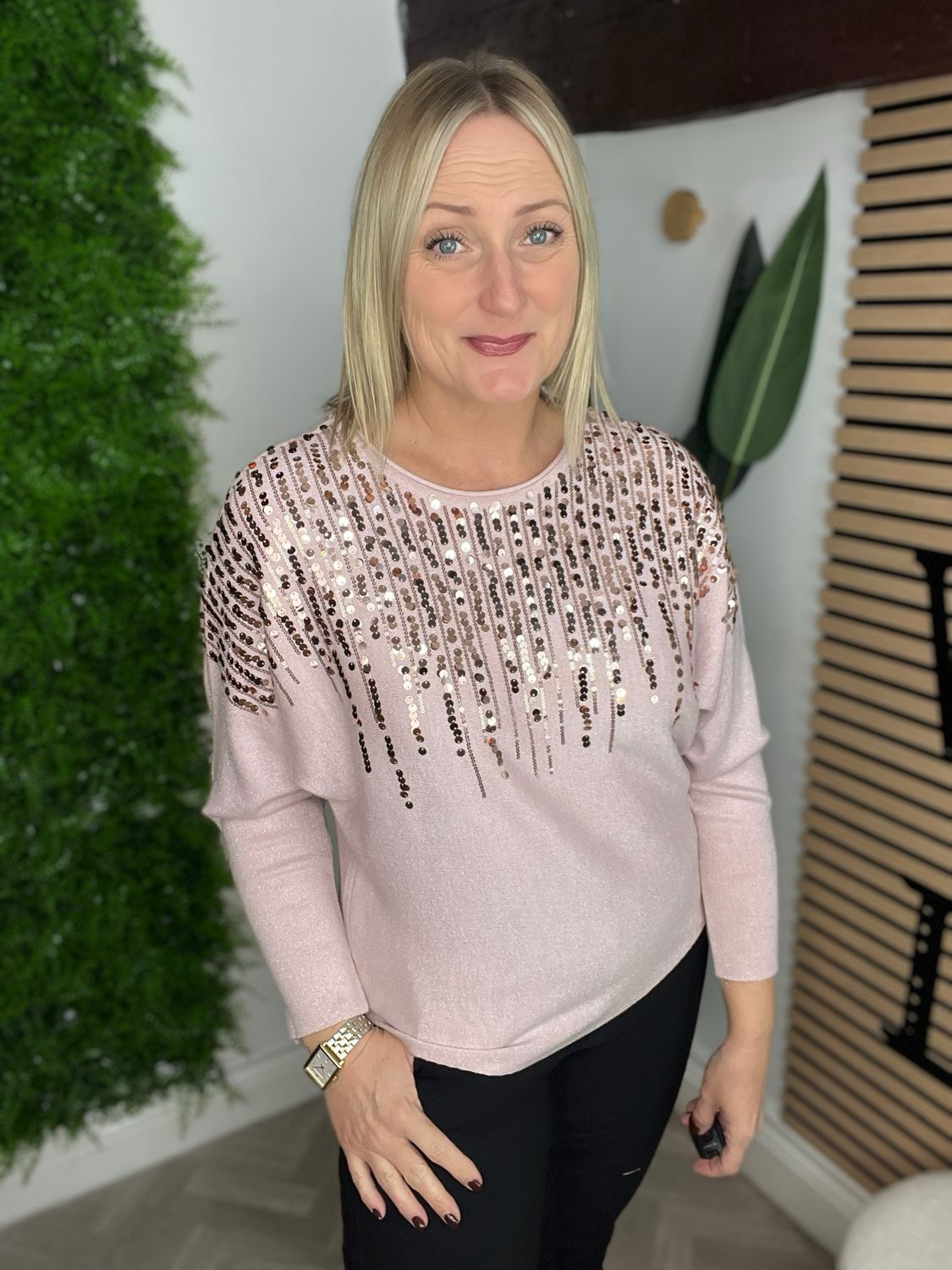 Battersea Rib Sequinned Jumper - Rose