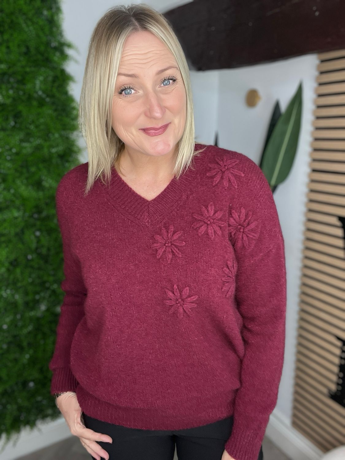 Raised Flower Detail Jumper - Wine