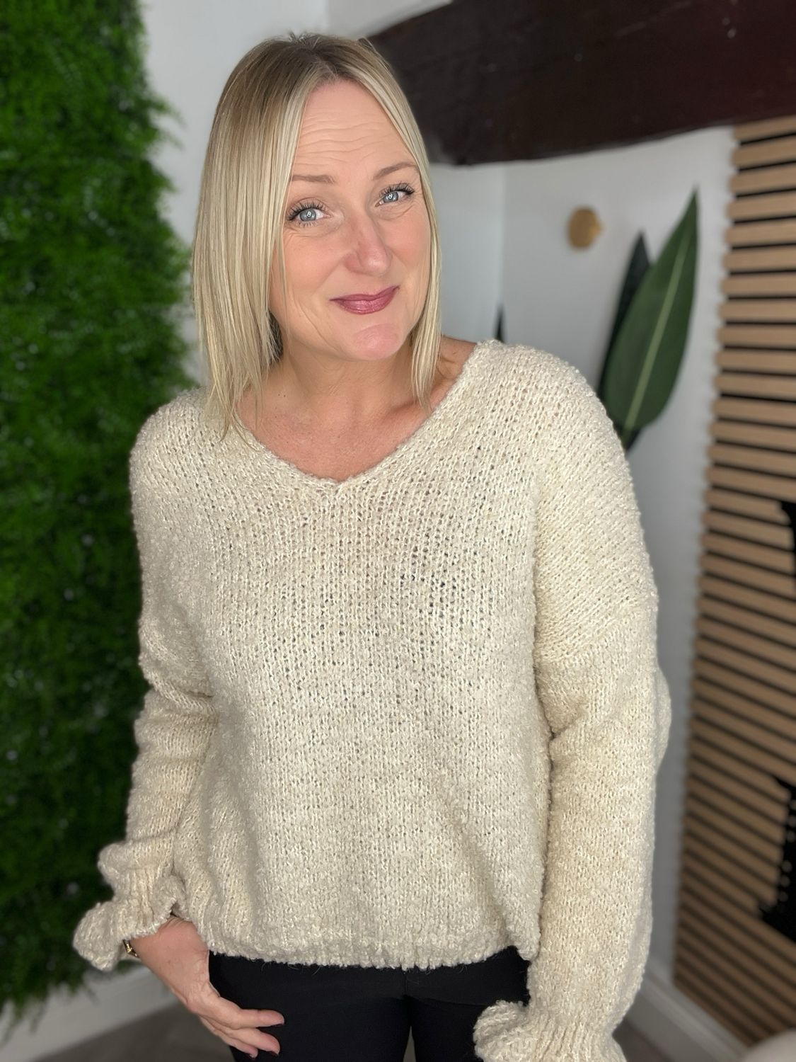 Borg Jumper With Scalloped Cuff Sleeves - Ecru