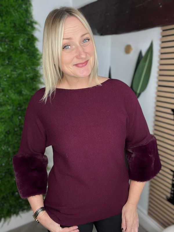 Faux Fur Cuffed Jumper - Wine