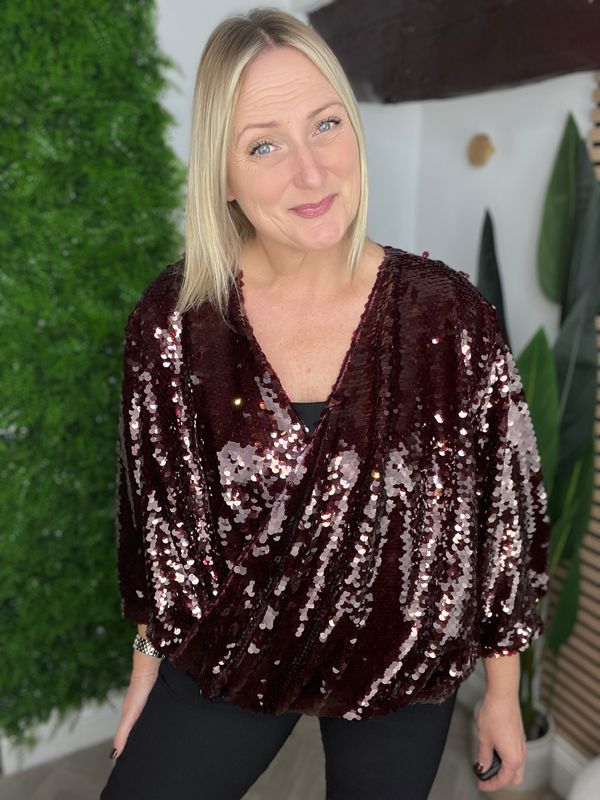 Sequin Wrap Bubble Hem Top - Wine