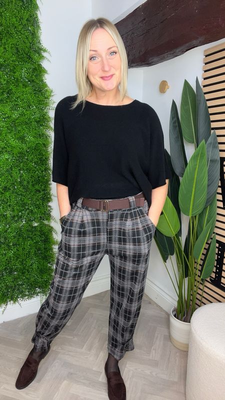 Tartan Carrot Shaped Trouser With Button Hem - Black & Grey