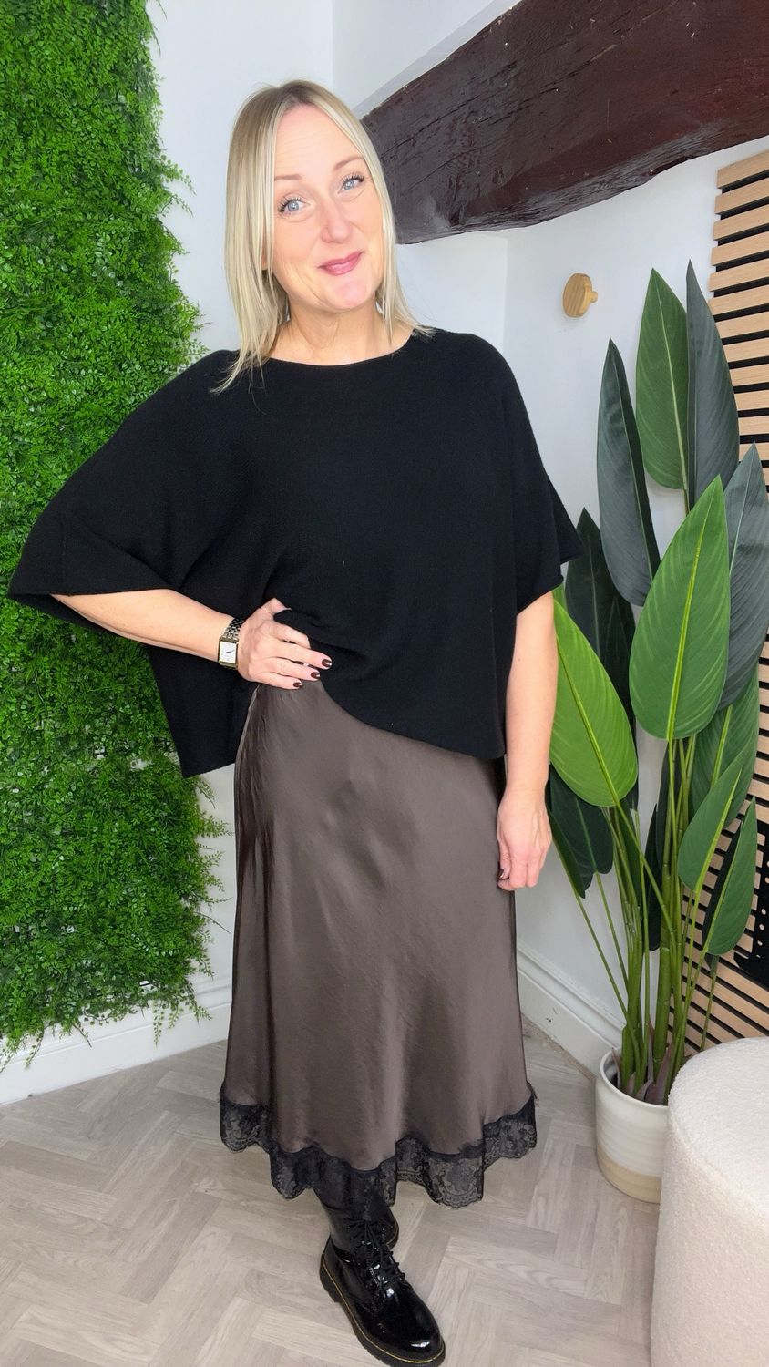 Bias Cut Silk Skirt With Lace Trim - Chocolate Bias Cut Silk Skirt With Lace Trim - Chocolate