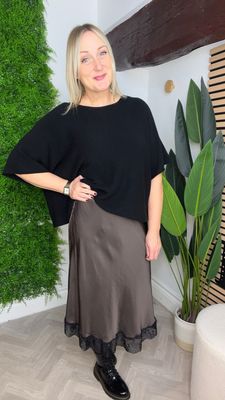 Bias Cut Silk Skirt With Lace Trim - Chocolate