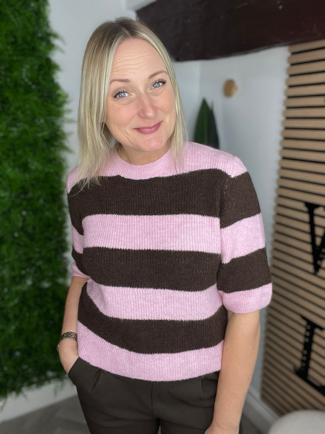 Short Sleeve Striped Jumper - Chocolate & Pink