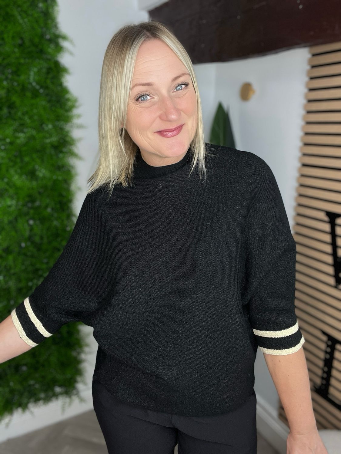 Funnel Neck Lurex Jumper With Stripe Detail - Black