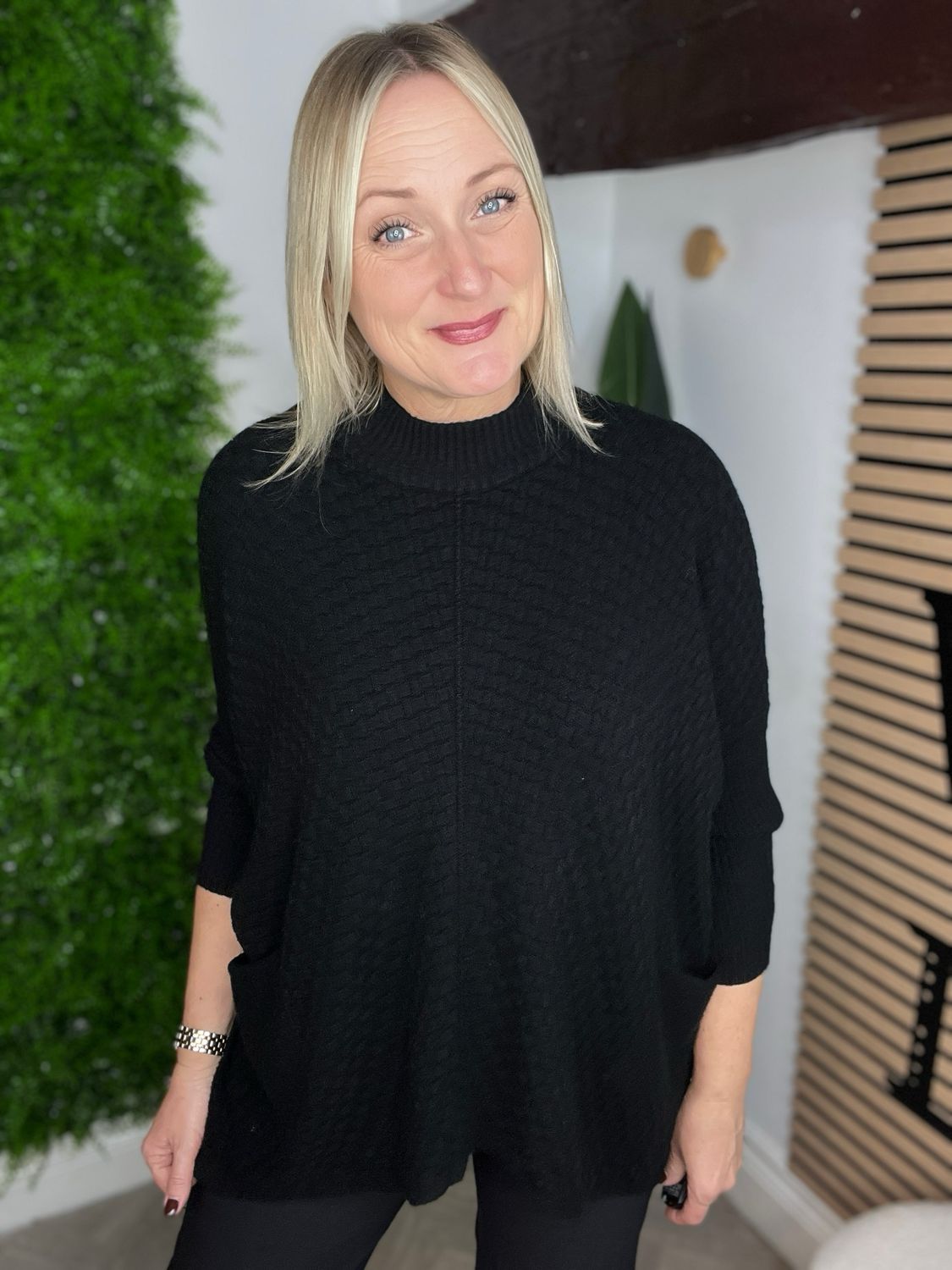 Basket Weave Jumper With Pockets - Black