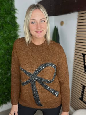 Glitzy Bow Jumper - Caramel Glitzy Bow Jumper - Caramel