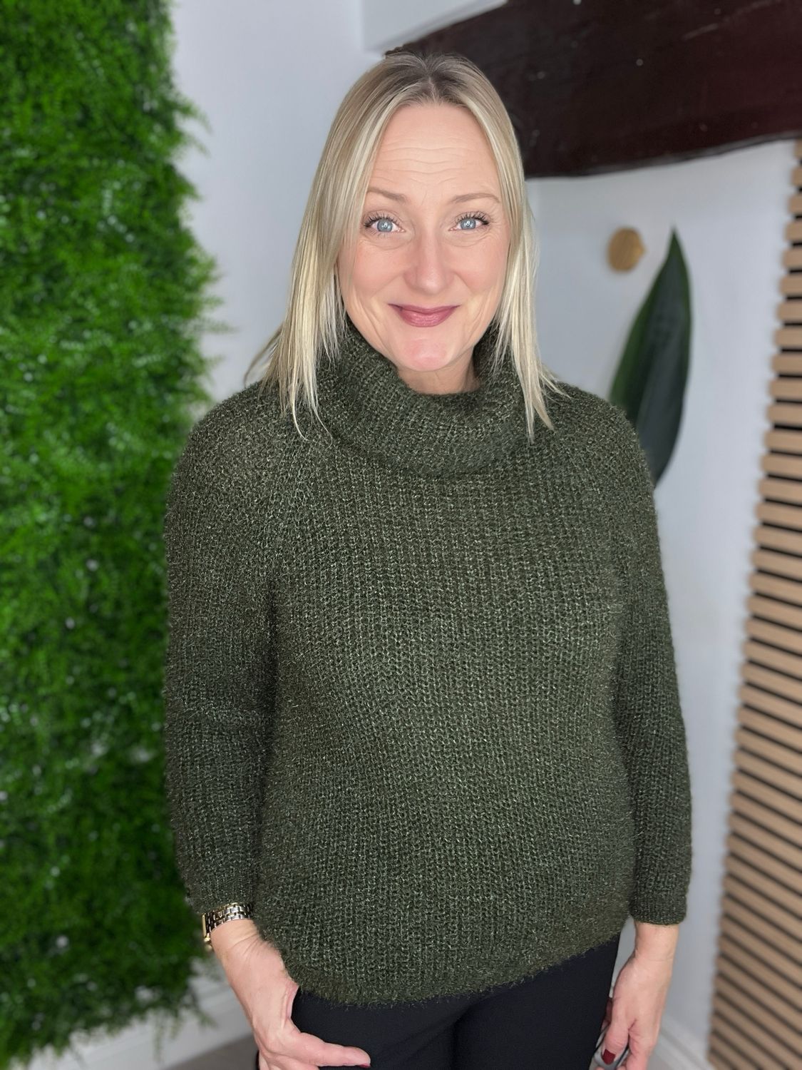 Eyelash Jumper Roll Neck - Khaki Green