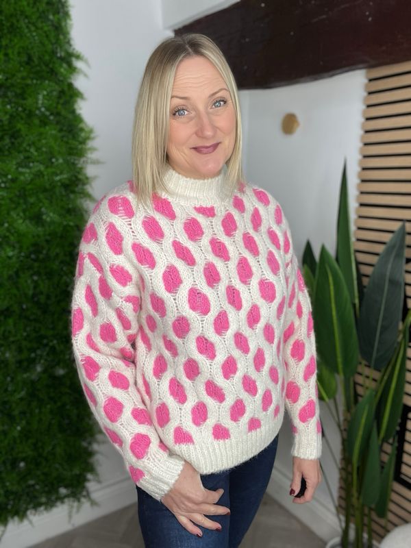 Cable Knit Spring Feel Jumper - Pink & Cream