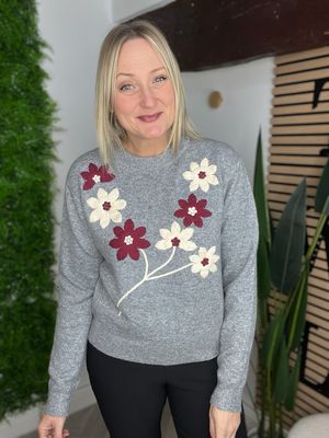 Embroidered Flower Knit Jumper - Grey / Wine