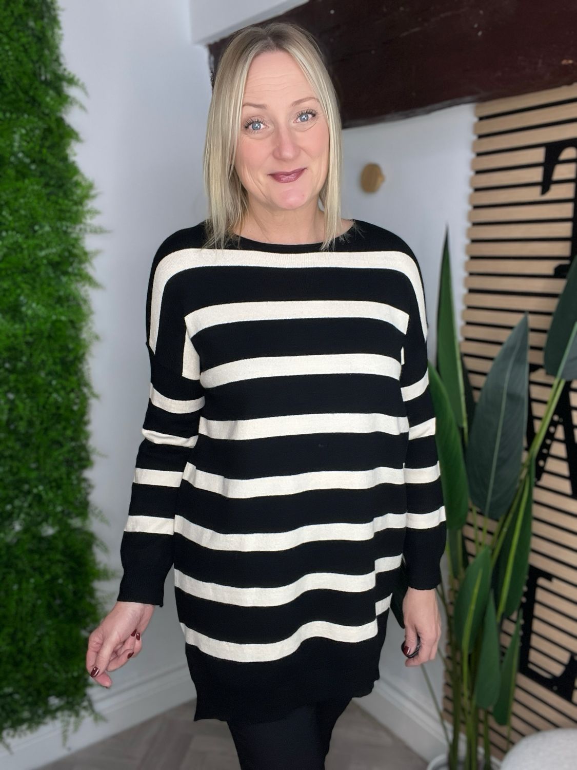 Longline Striped Jumper - Winter White & Black Longline Striped Jumper - Winter White & Black