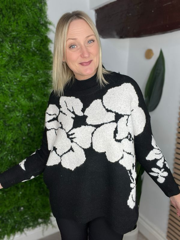 Soft Knit Abstract Rose Jumper - Black Mix ( SALE NONE RETURNABALE )