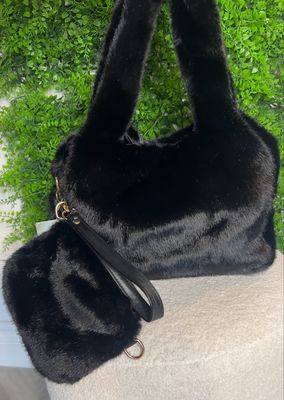 Faux Fur Handbag With Detachable Strap - Black ( SALE NONE RETURNABLE )