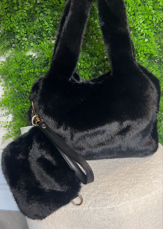 Faux Fur Handbag With Detachable Strap - Black ( SALE NONE RETURNABLE )