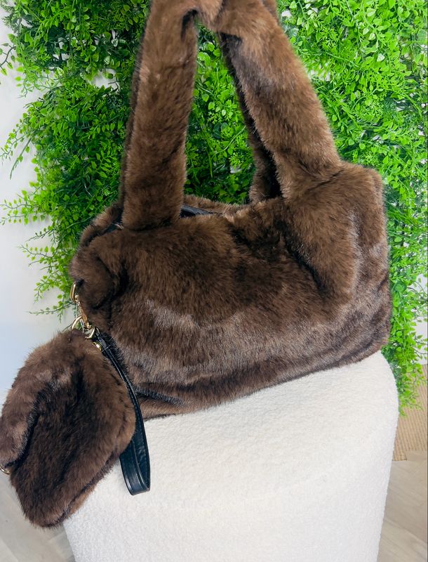 Faux Fur Handbag With Detachable Strap - Chocolate ( SALE NON RETURNABLE )