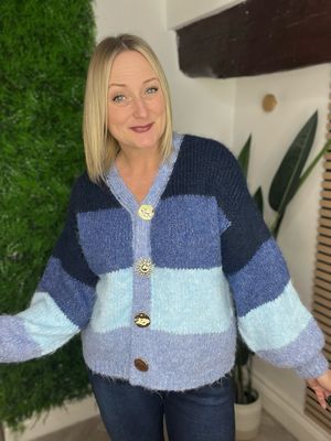 Striped Cardigan With Detachable Gold Brooches- Blue Mix