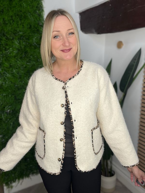 Button Up Boucle Jacket With Animal Edging- Ecru Button Up Boucle Jacket With Animal Edging- Ecru