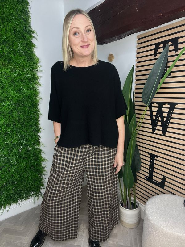 Wide Leg Check Trouser - Chocolate