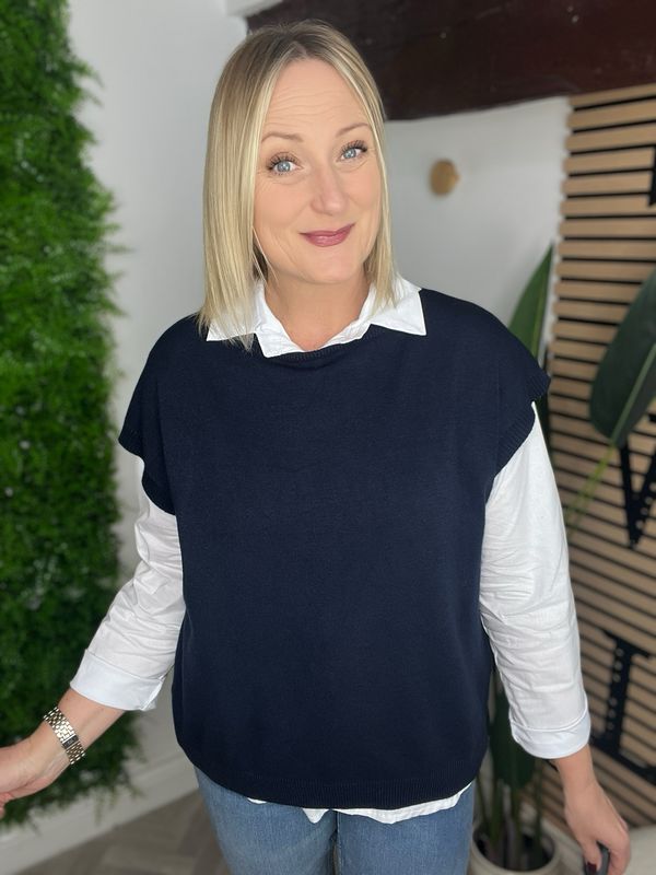 White Shirt And Tank Top Set - Navy