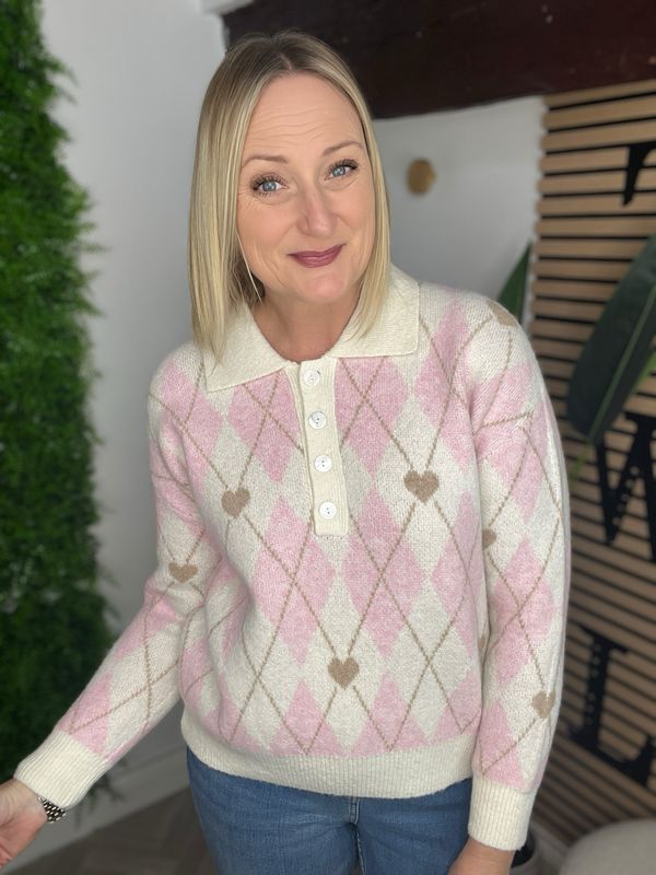 Argyle & Heart Jumper - Soft Beige & Pink