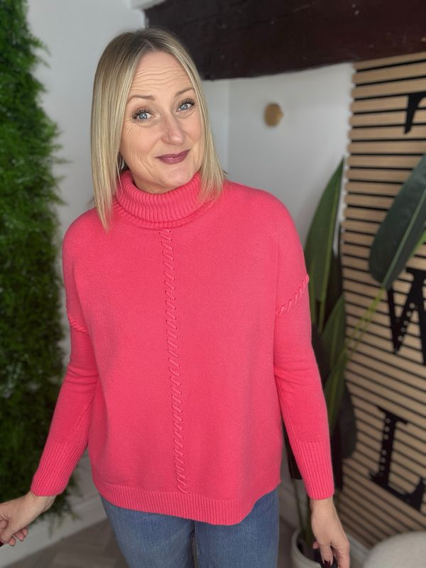 Ladder Detail Roll Neck Jumper - Bubblegum Pink