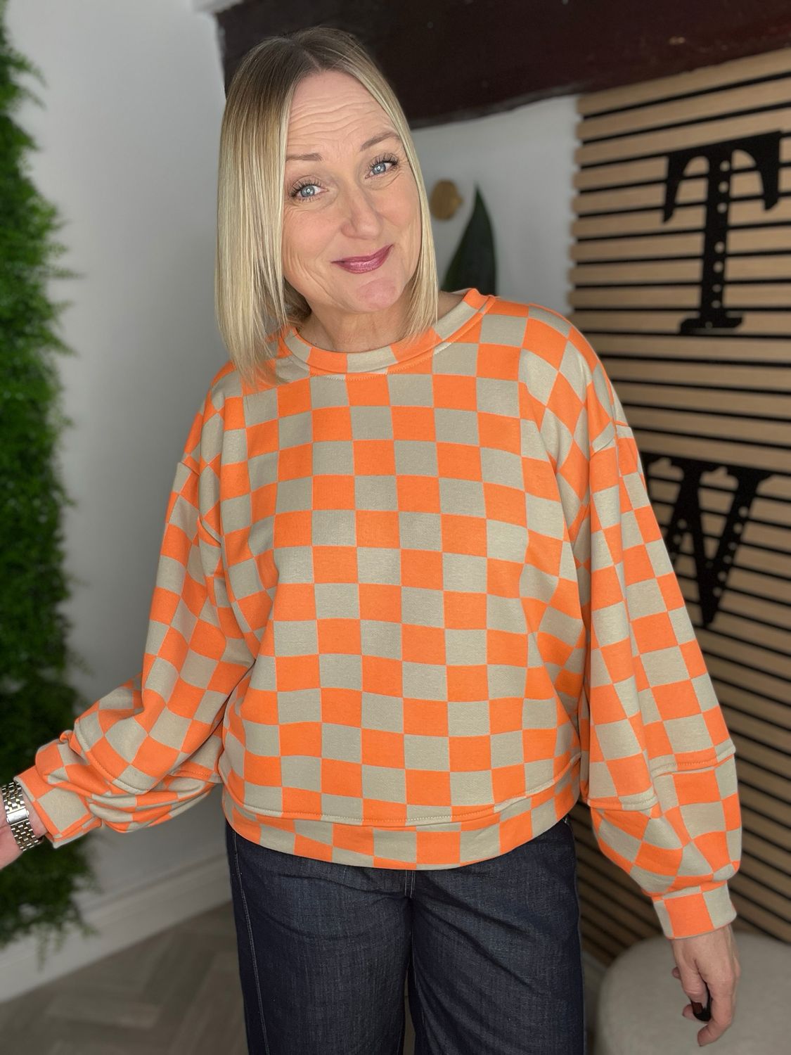 Ballon Sleeve Sweatshirt - Orange & Ecru
