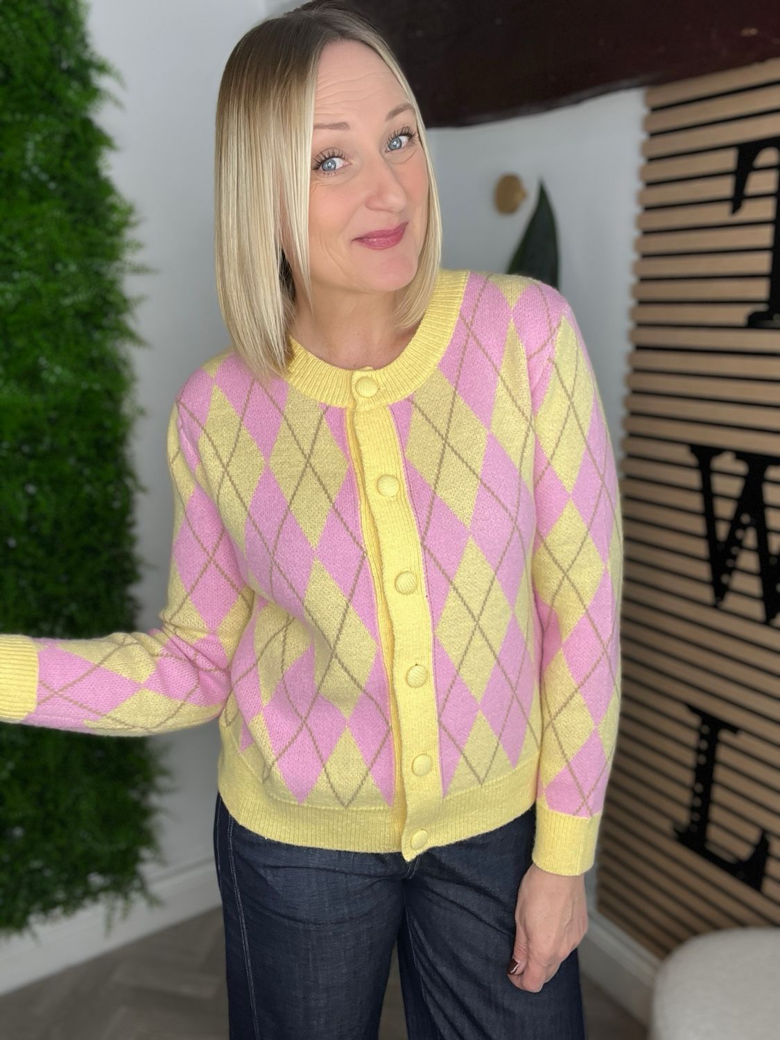 Argyle Cardigan/Jumper - Pink & Lemon Argyle Cardigan/Jumper - Pink & Lemon