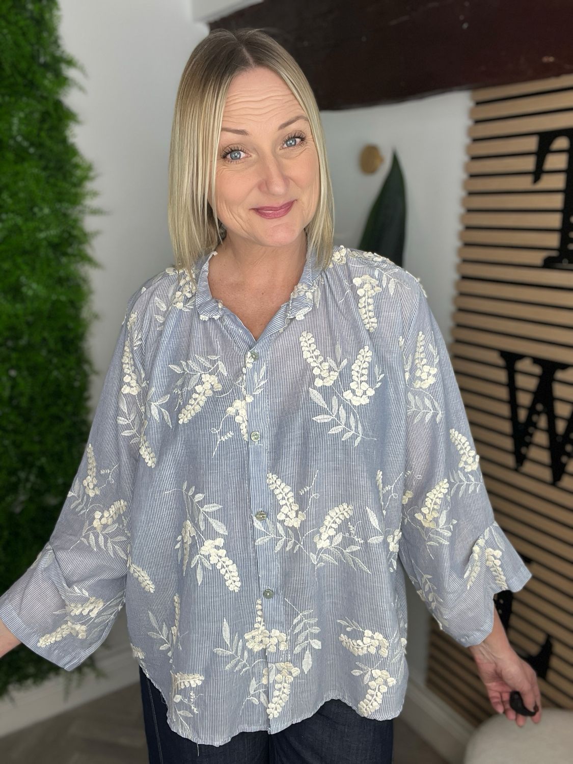 Embroidered Delicate Stripe Shirt - Blue & Cream