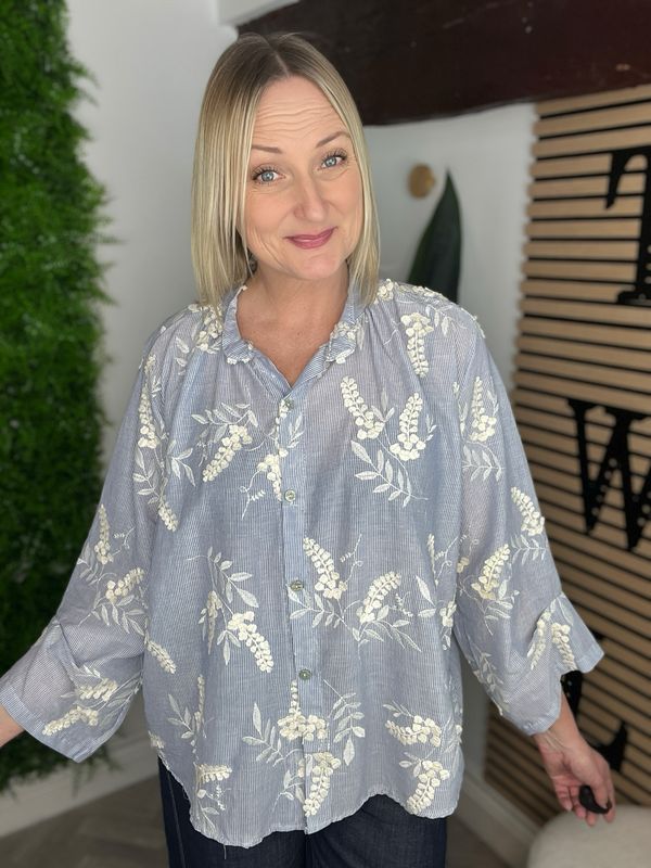 Embroidered Delicate Stripe Shirt - Blue & Cream