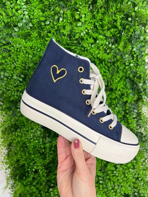 High Top Canvas Trainer With Borg Detail- Navy