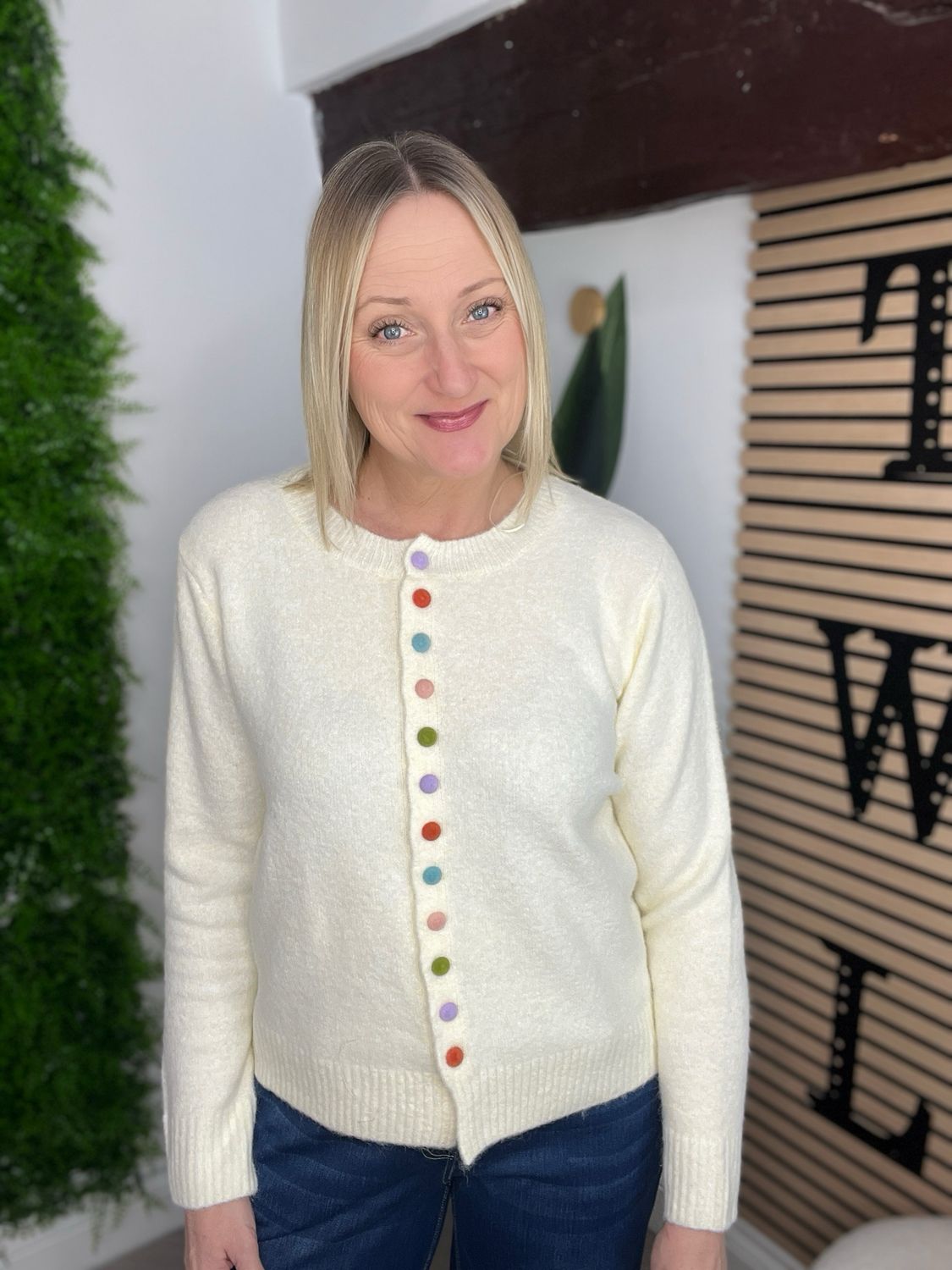 Cardigan With Multicoloured Button Detail - Cream