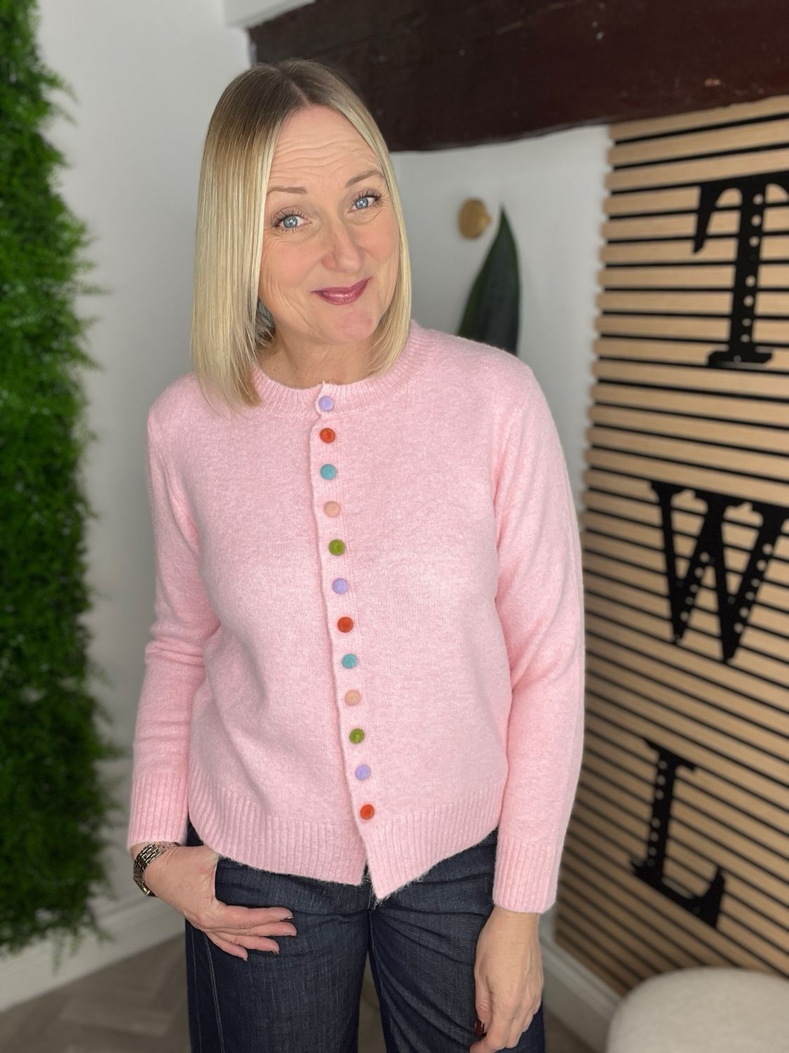 Cardigan With Multicoloured Button Detail - Pink