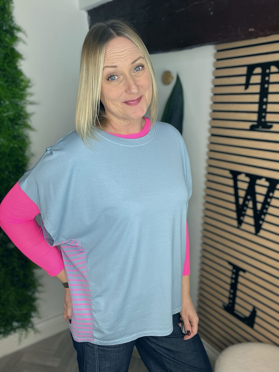 Relaxed Fit Tee With Neon Stripe - Denim