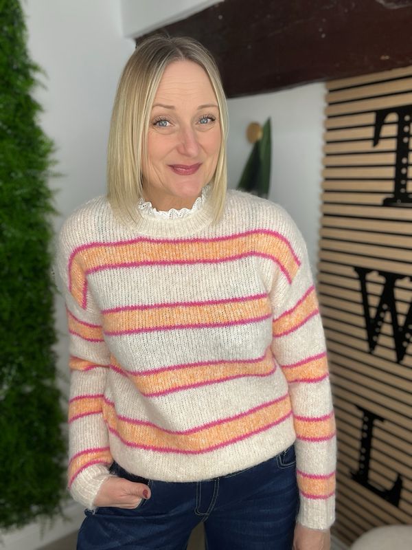 Striped Jumper With Broderie Anglaise Collar - Cream & Soft Coral