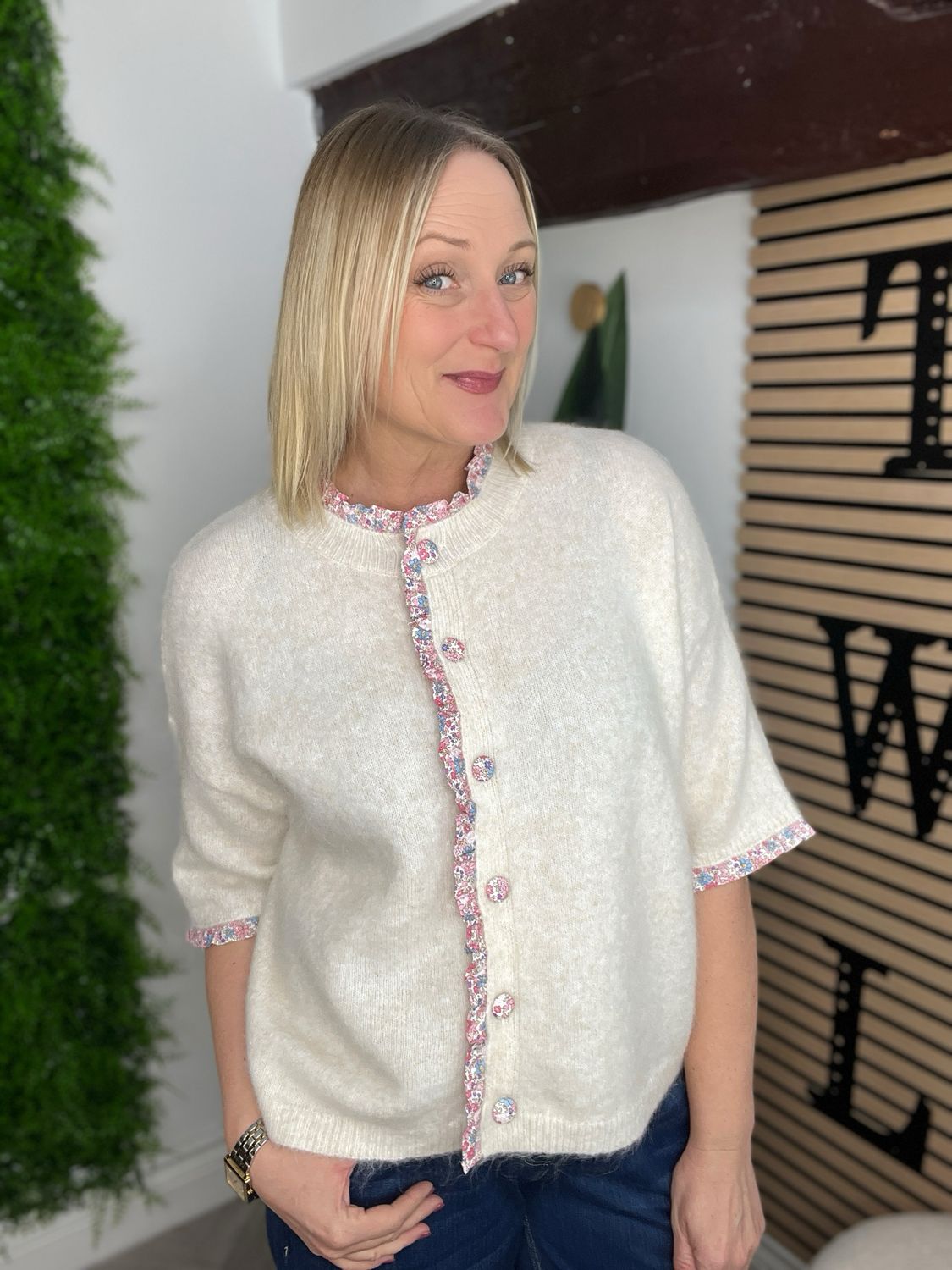 Short Sleeve Cardigan Jumper - Cream