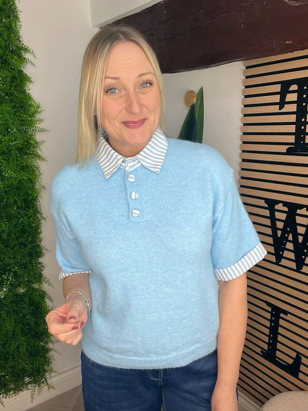 Short Sleeve Jumper With Faux Shirt Collar - Blue