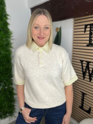 Short Sleeve Jumper With Faux Shirt Collar - Lemon