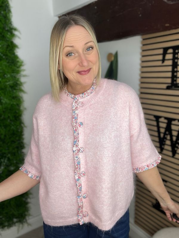 Short Sleeve Cardigan Jumper - Pink