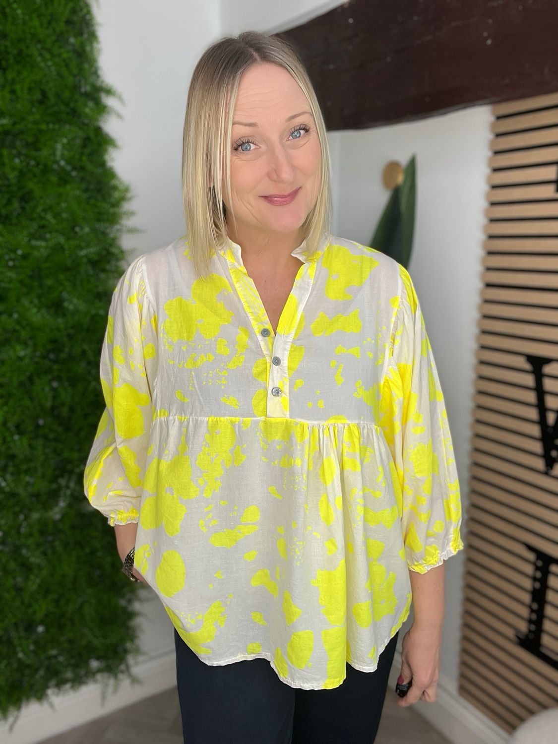 Abstract Smock Hem Blouse - Neon Yellow